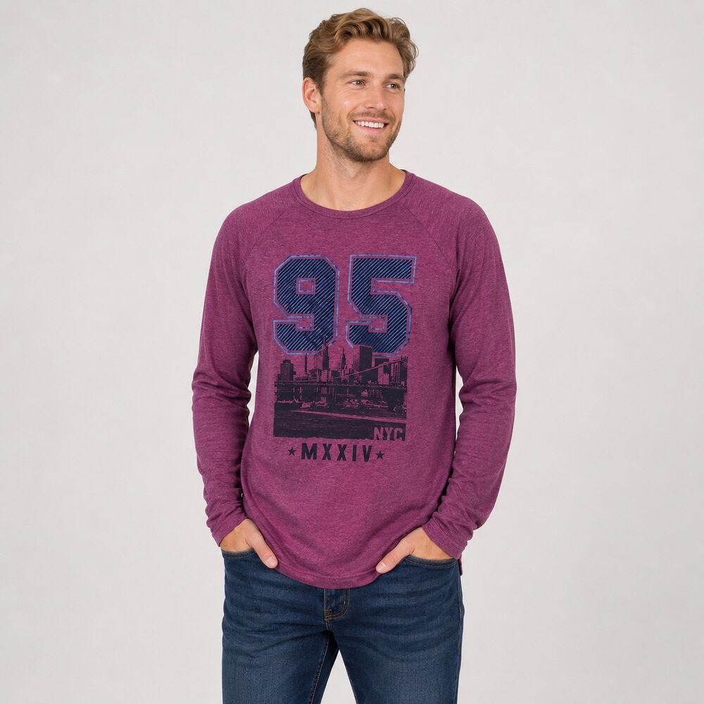 Aeropostale Y2K Waffle Knit Thermal Shirt 95 NYC Graphic Long Sleeve Burgundy